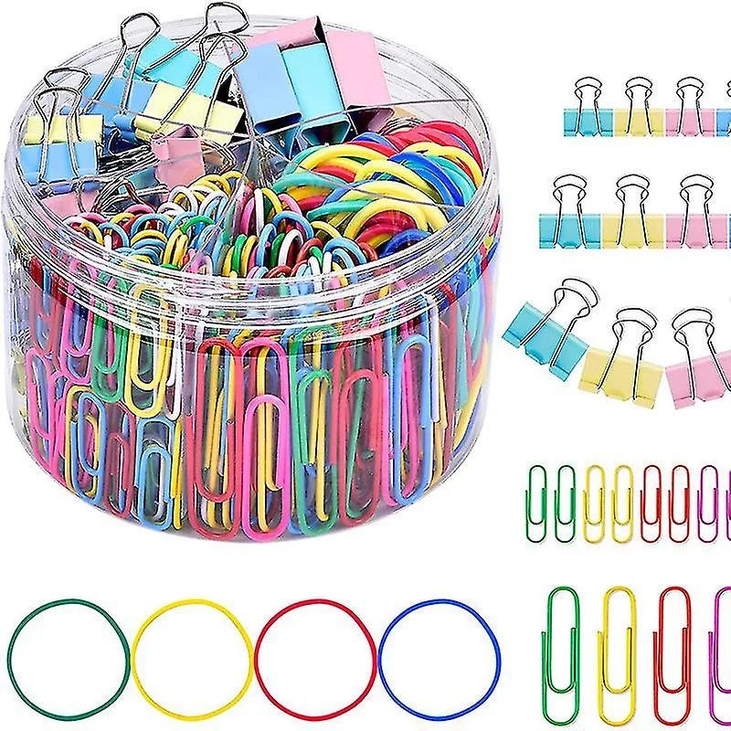 Set de papelería THE CEO con 240 piezas de clips coloridos, bandas elásticas y clips sujetapapeles