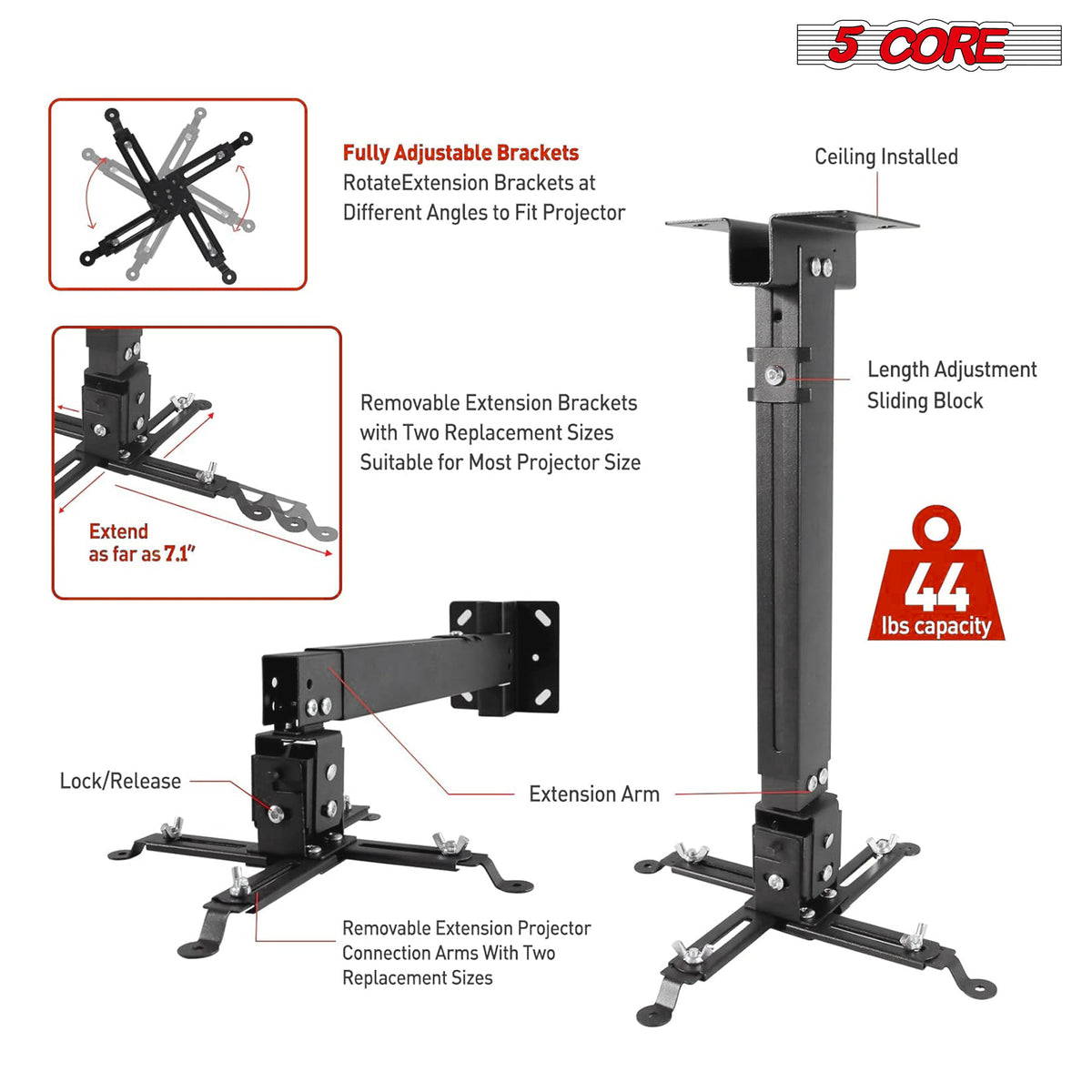 Soporte universal de techo y pared para proyector 5Core, ajustable, de bajo perfil, capacidad de 40 lb