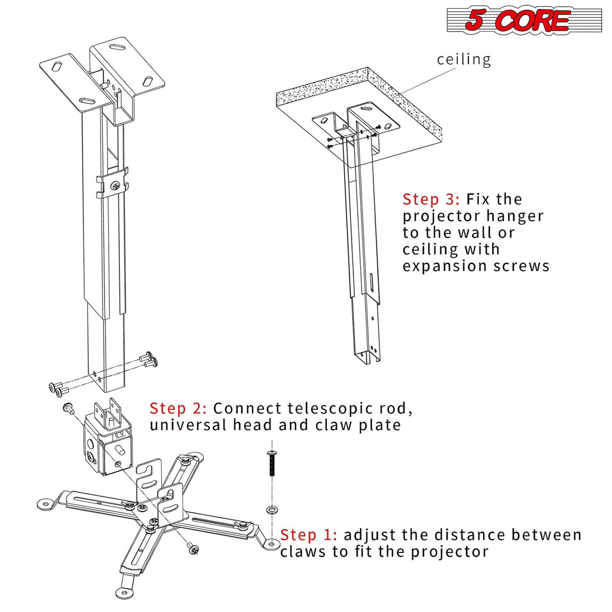 Soporte universal de techo y pared para proyector 5Core, ajustable, de bajo perfil, capacidad de 40 lb