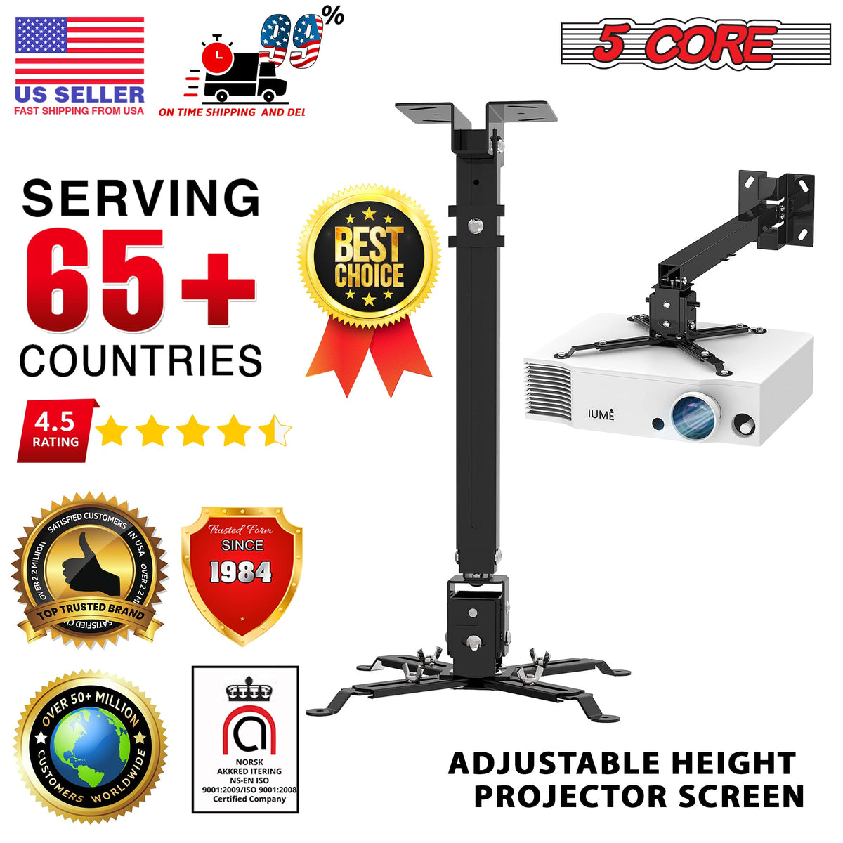Soporte universal de techo y pared para proyector 5Core, ajustable, de bajo perfil, capacidad de 40 lb