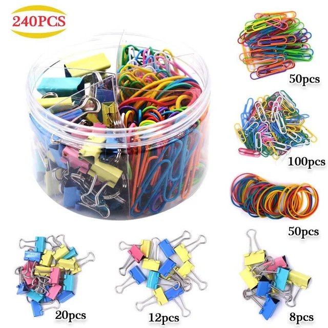 Set de papelería THE CEO con 240 piezas de clips coloridos, bandas elásticas y clips sujetapapeles