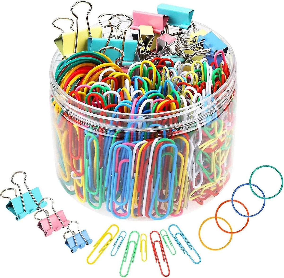 Set de papelería THE CEO con 240 piezas de clips coloridos, bandas elásticas y clips sujetapapeles