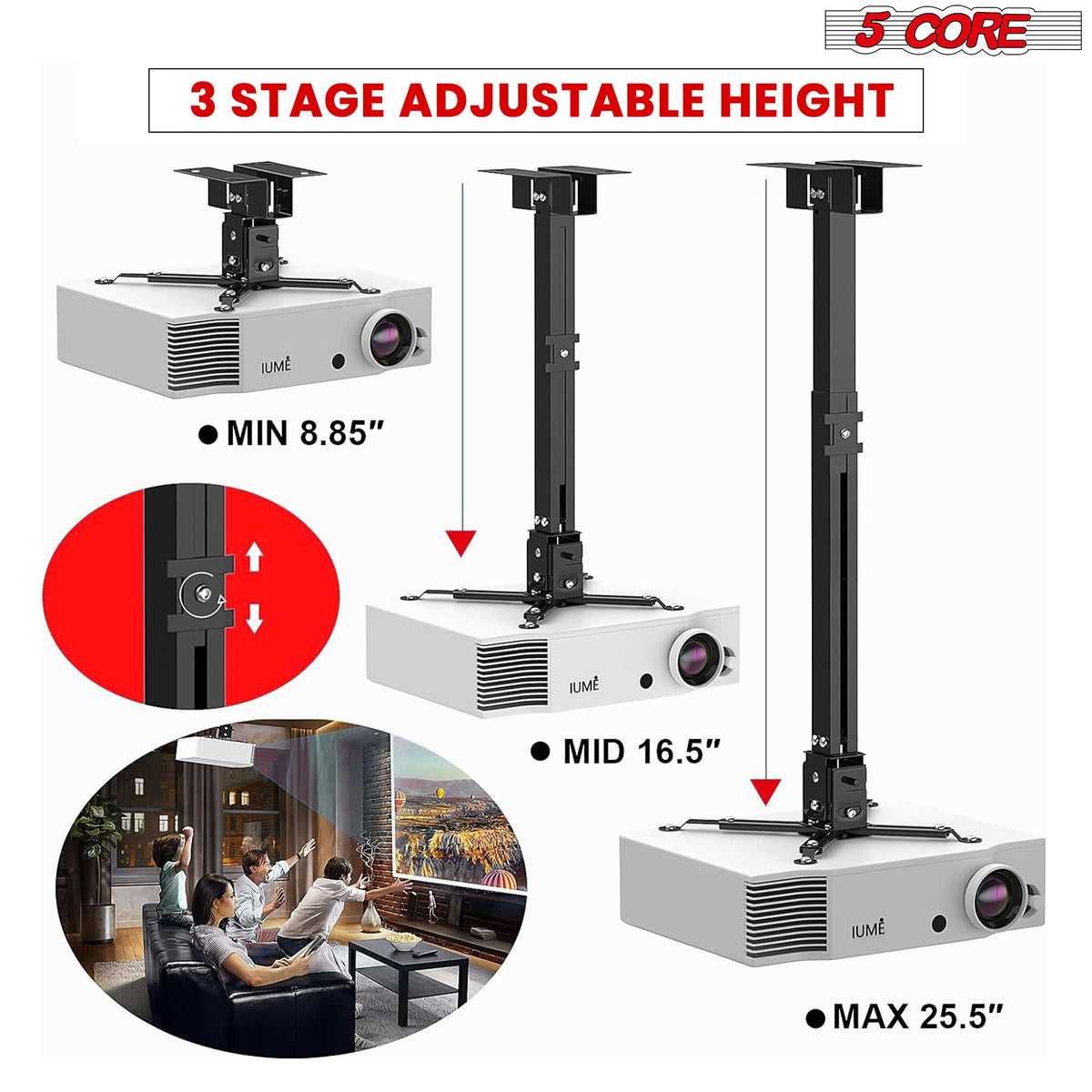 Soporte universal de techo y pared para proyector 5Core, ajustable, de bajo perfil, capacidad de 40 lb