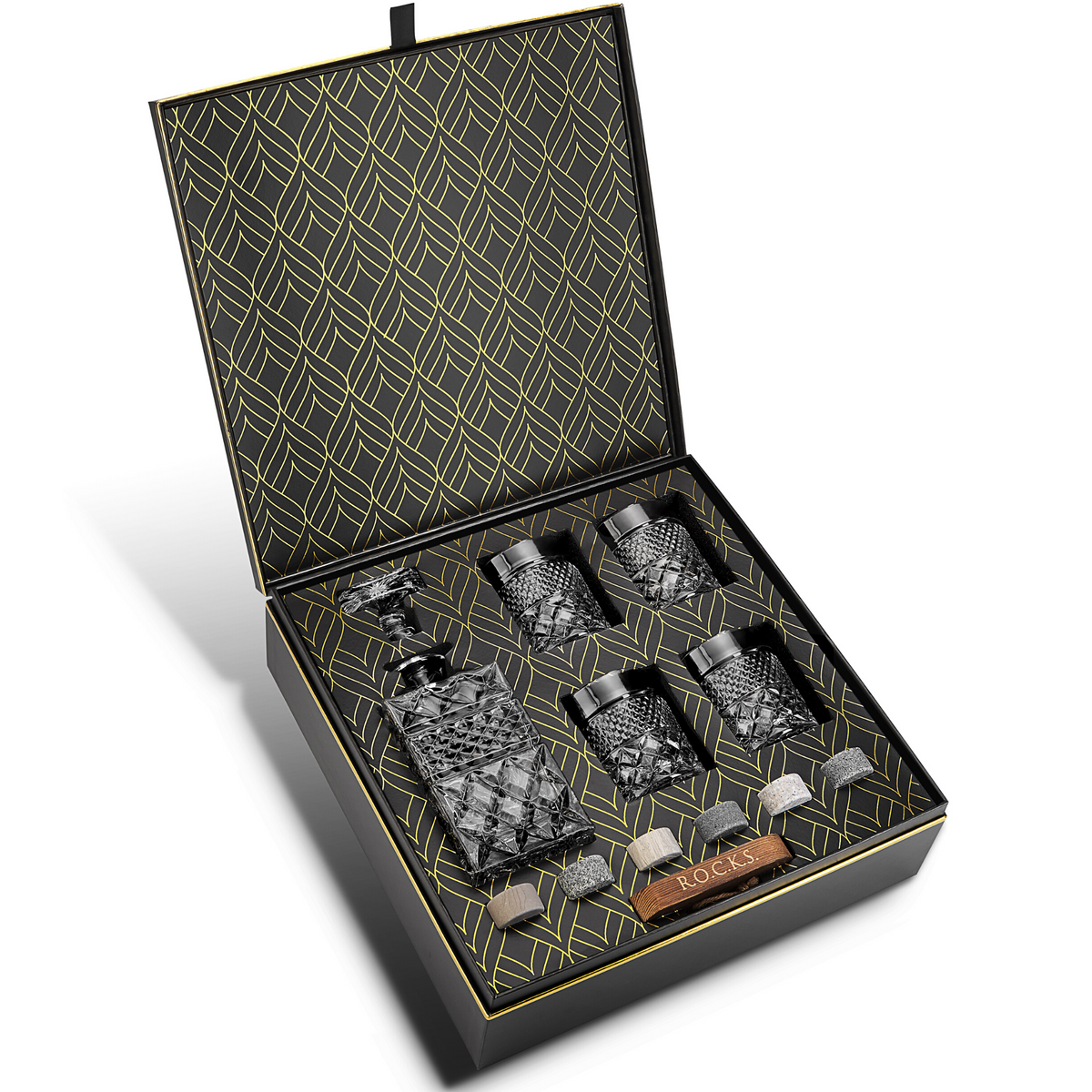 Set de regalo de decantador de whisky con 4 vasos y piedras enfriadoras artesanales