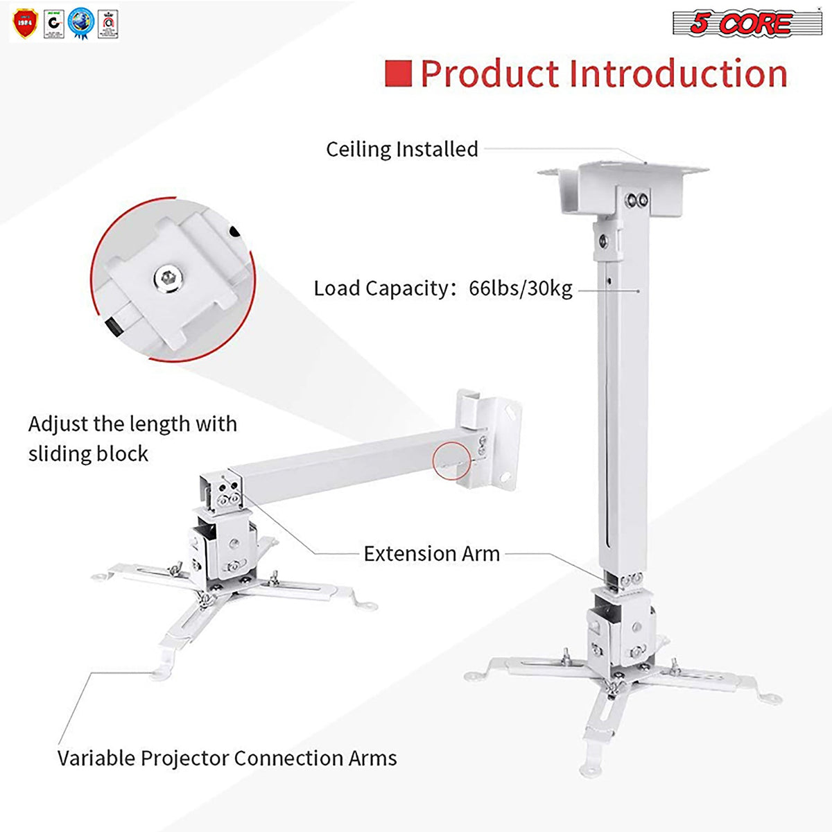 Soporte universal de techo y pared para proyector 5Core, ajustable, de bajo perfil, capacidad de 40 lb