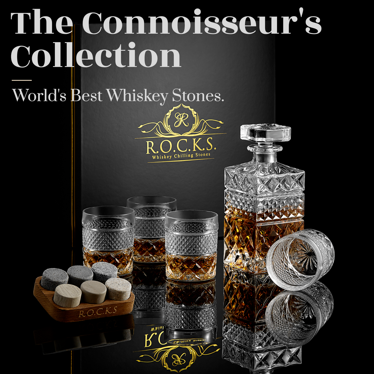 Set de regalo de decantador de whisky con 4 vasos y piedras enfriadoras artesanales