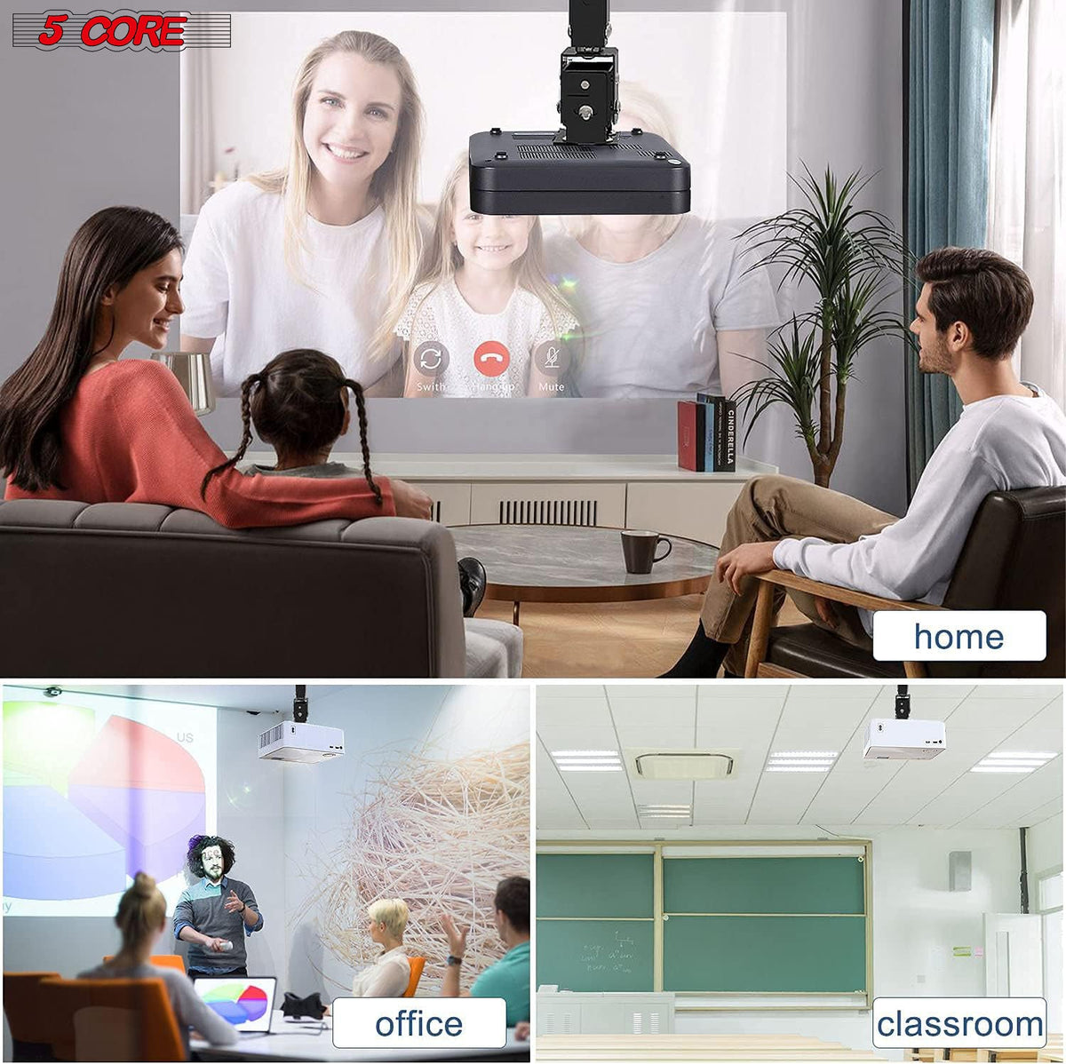 Soporte universal de techo y pared para proyector 5Core, ajustable, de bajo perfil, capacidad de 40 lb