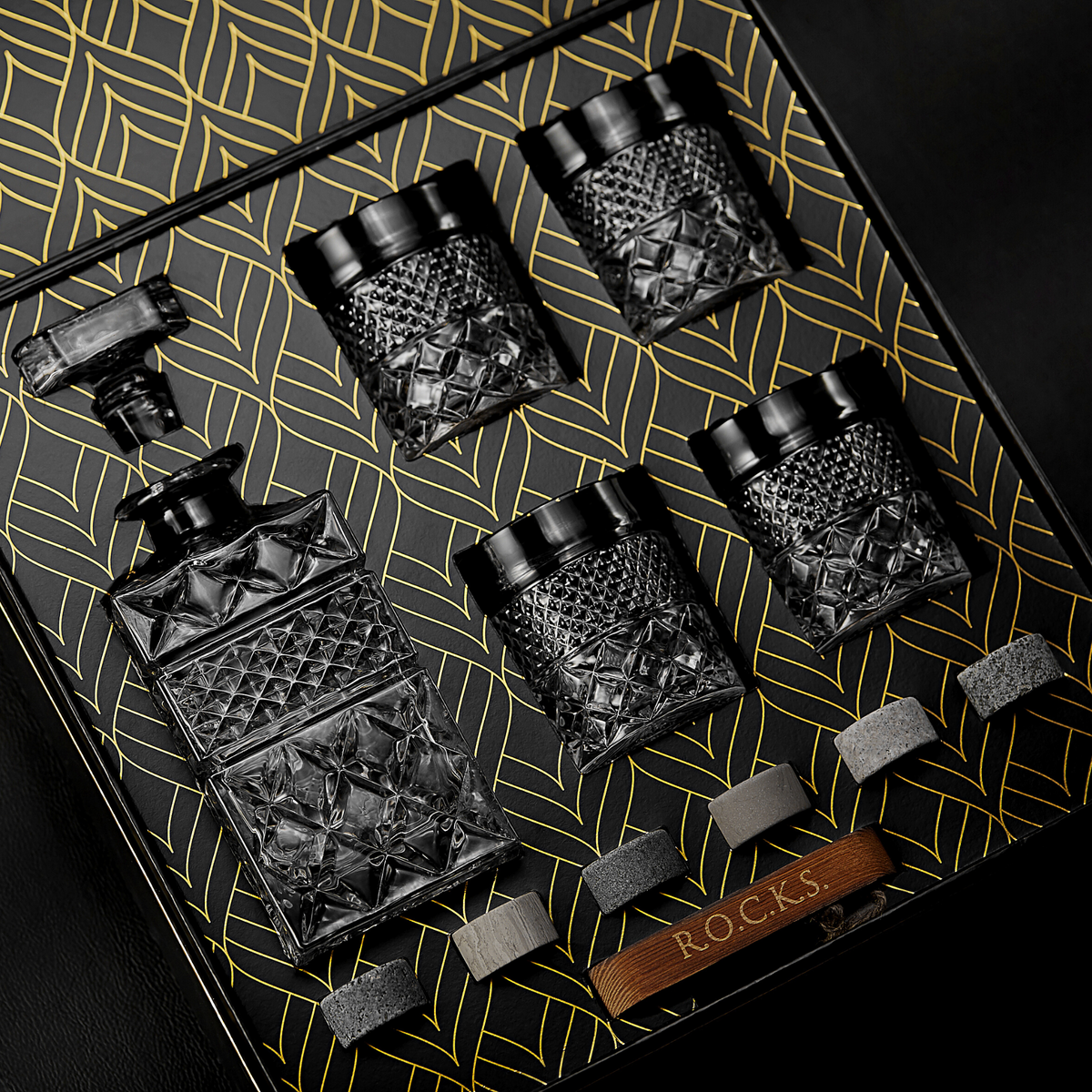 Set de regalo de decantador de whisky con 4 vasos y piedras enfriadoras artesanales
